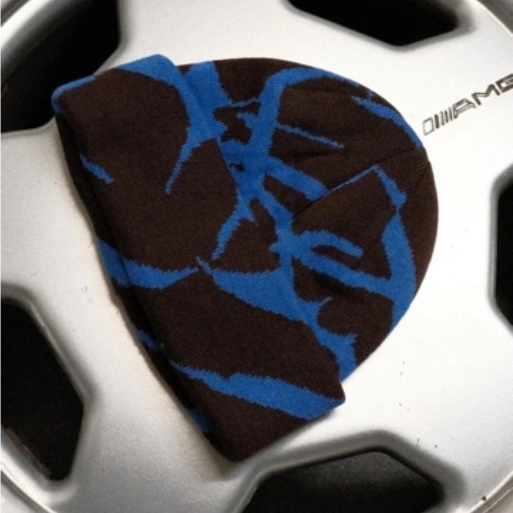 Brown & Blue Patterned Knit Beanie with Signature Detail - Picture 2 of 2
